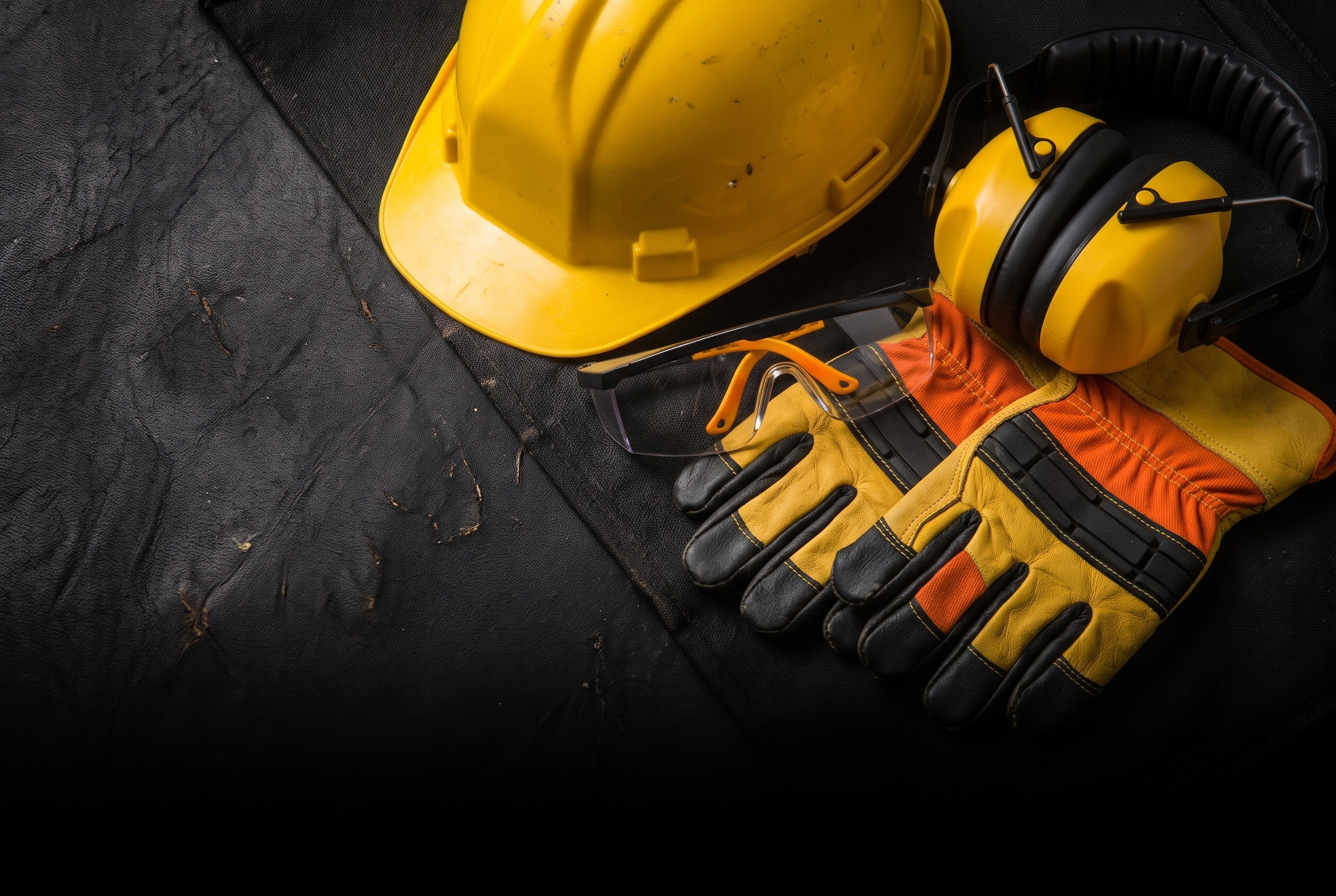 Capacete de segurança amarelo, abafador auricular, óculos de proteção e luvas de raspa